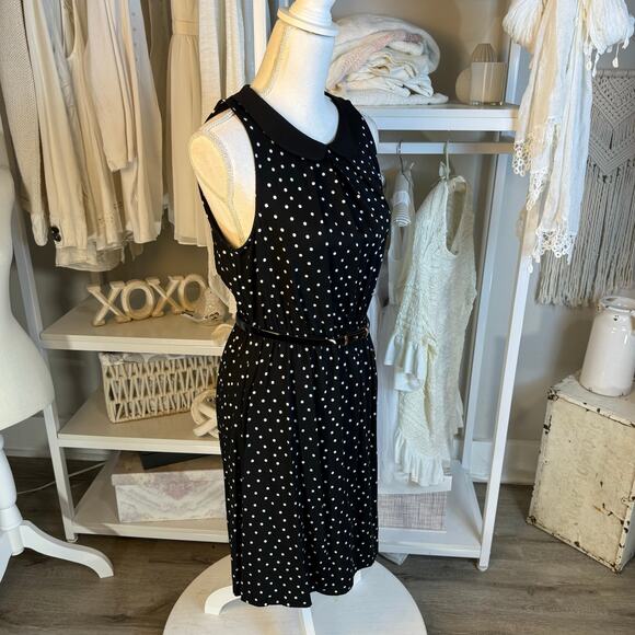 Elle sz. small, black sleeveless, polkadotted, belted fit, and flare dress #3812 - Picture 2 of 9